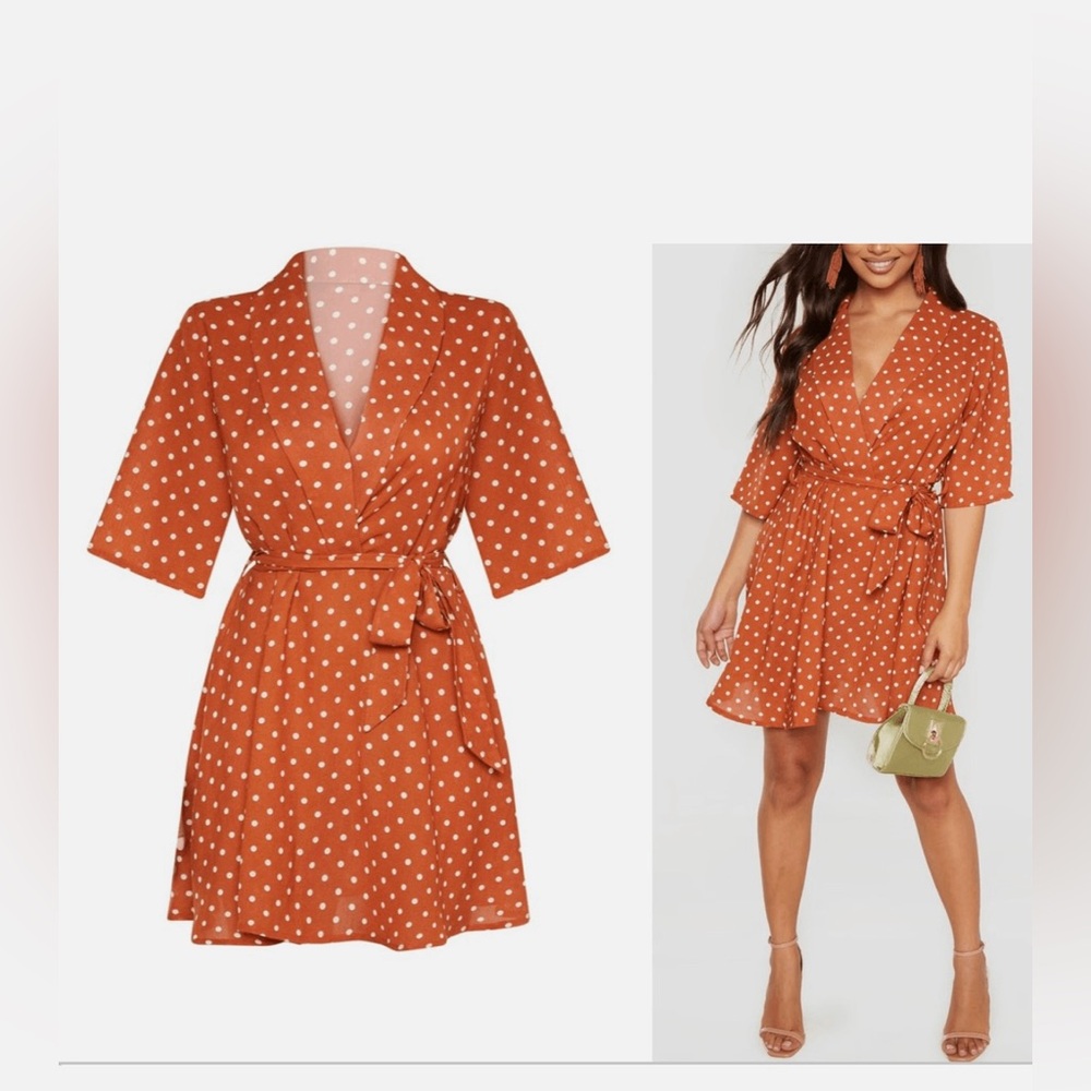 PrettyLittleThing Terracotta/Burnt Orange Cream Colored Polka Dot Dress Sz 6